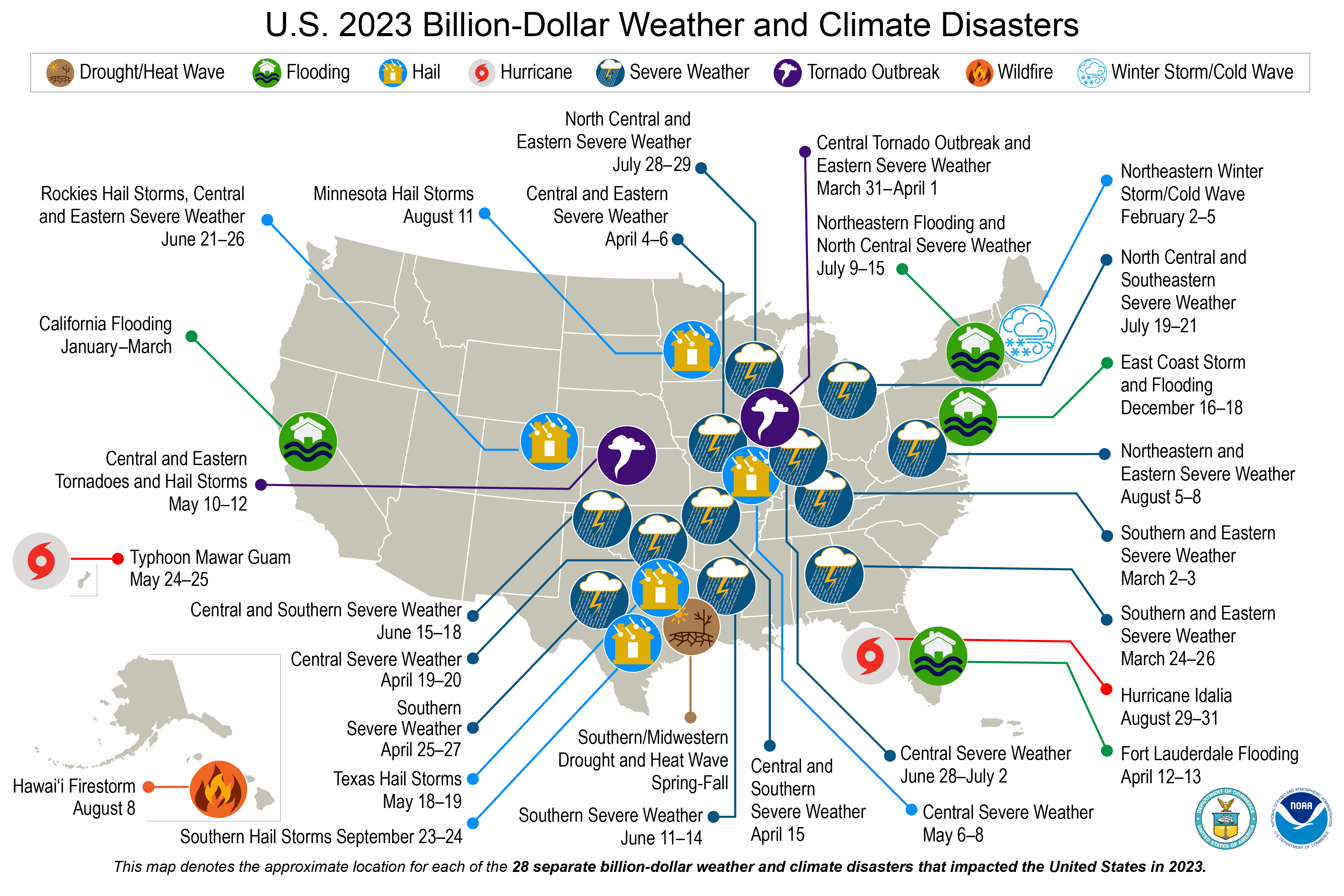 An infographic map showing the billion-dollar weather and climate disasters in 2023.