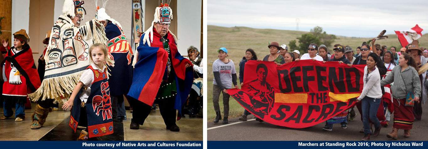 two photos, on left a young girl in Native American dress dances in front of older men also in Native American dress, on right, a large group of people march and carry a sign that says defend the sacred