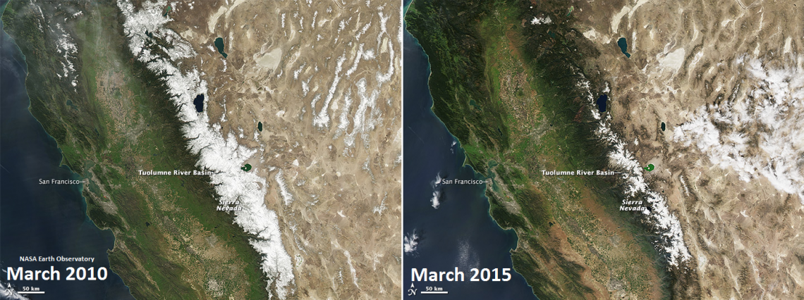 Comparison in California snow pack on mountains from 2010 to 2015