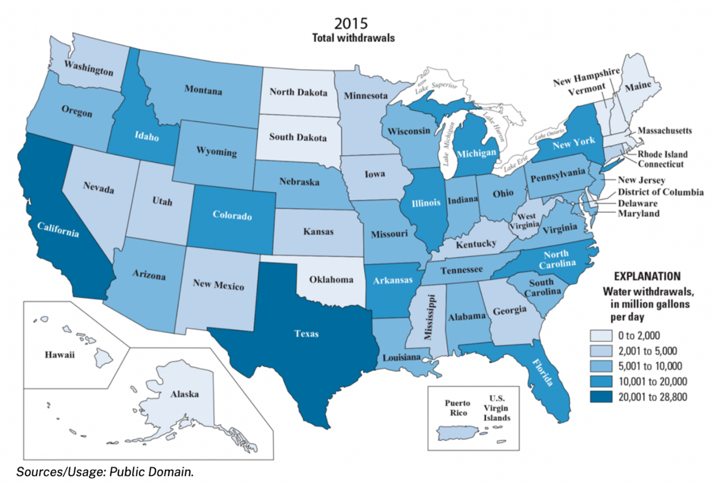 map of the US depicting total gallons of water withdrawals with California and Texas having a higher amount than other states