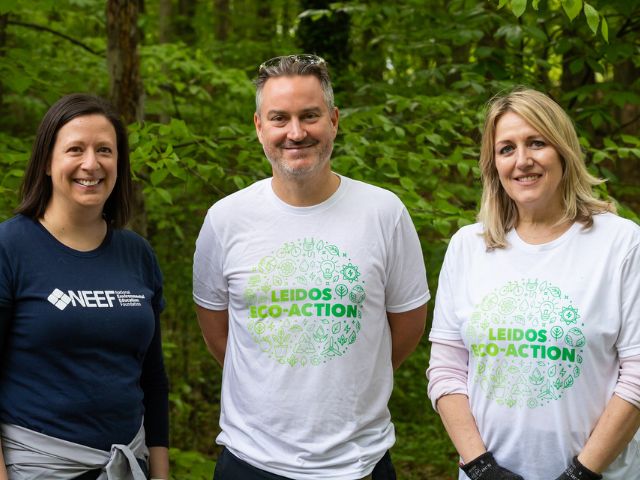 NEEF president Sara Espinoza, Leidos Director of ESG Daniel Pellegrom and Leidos staff member pose for a photo at the Leidos Day of Service