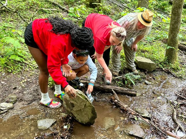 Students from Alcoa middle school study the life found in a stream with their teacher, and NEEF Education Program Director, Robert Sendrey.