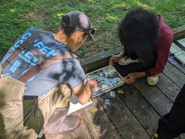 An instructor guides a student analyzing a water sample from the local creek.
