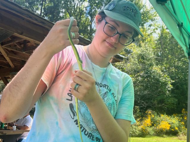 a young person holds a green snake part of a STEM day in the park