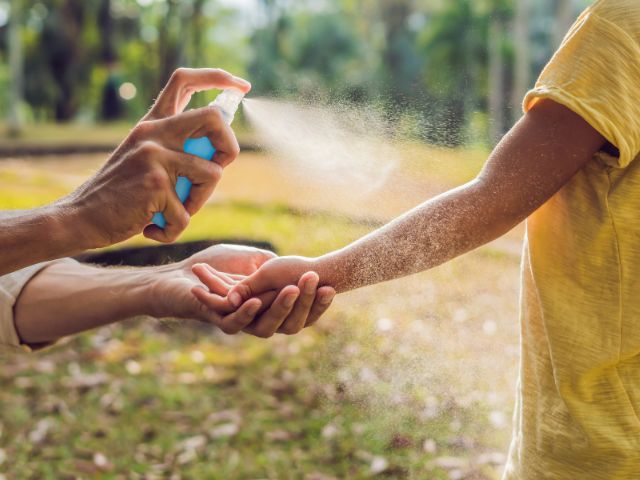 adults hands spraying insect repellent on a child's arm