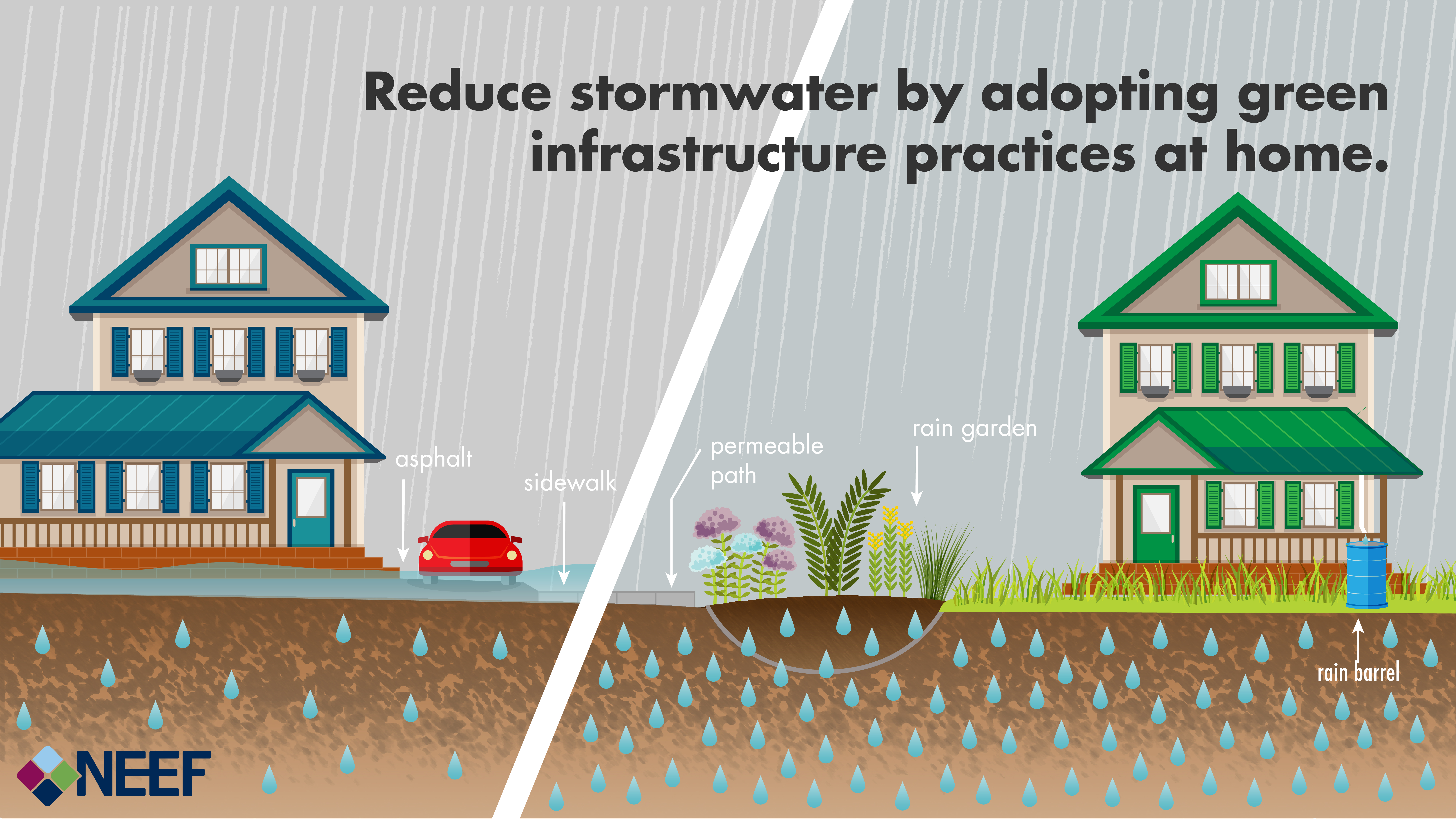 Reduce stormwater by adopting green infrastructure practices at home.