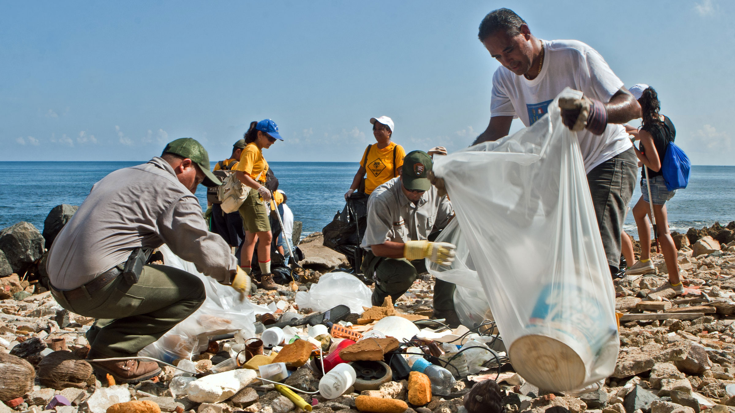 Picking up trash on the beach in Puerto Rico
