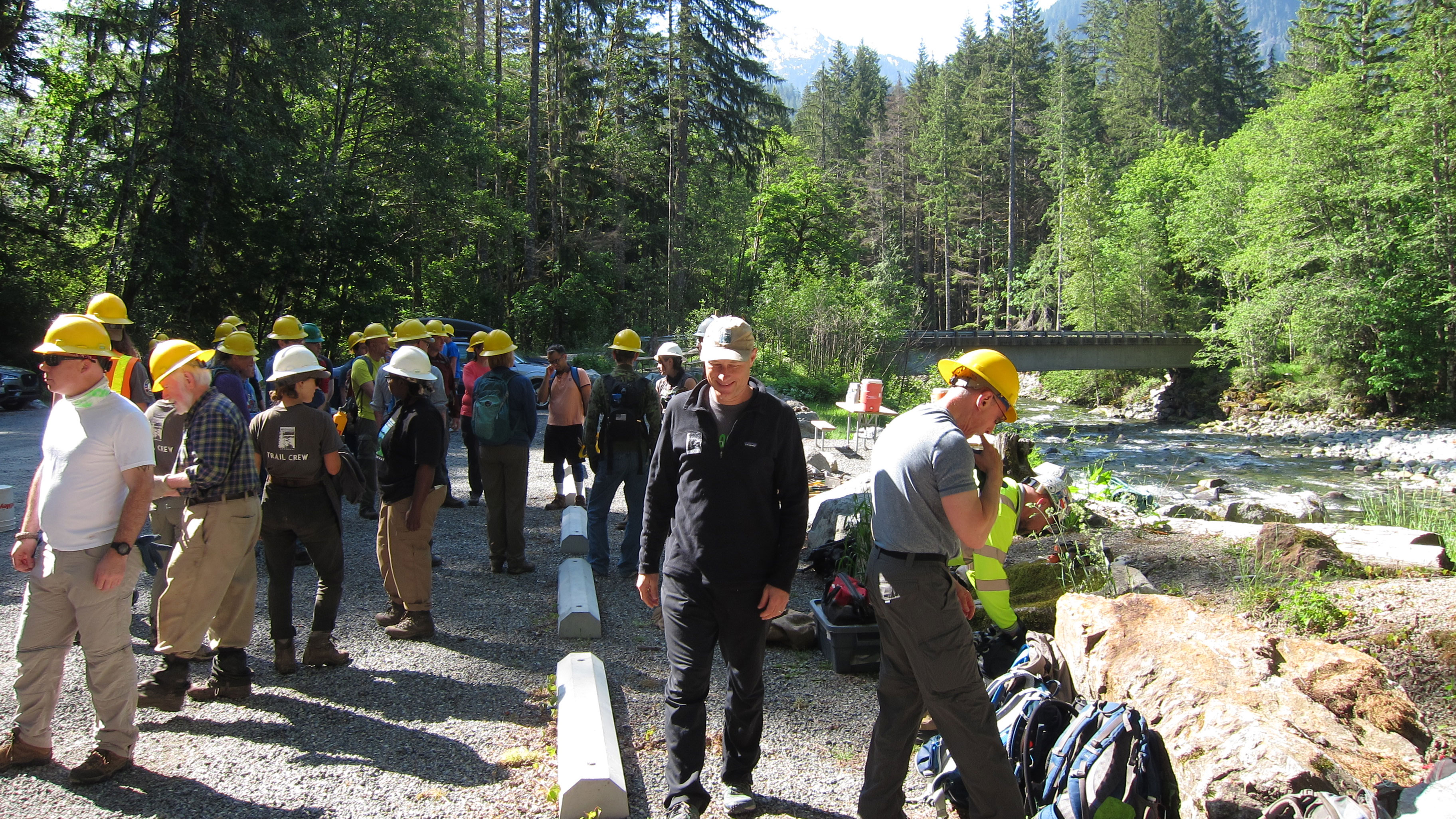 Mountains to Sound Greenway Trust Volunteers with Gateway Bridge in background