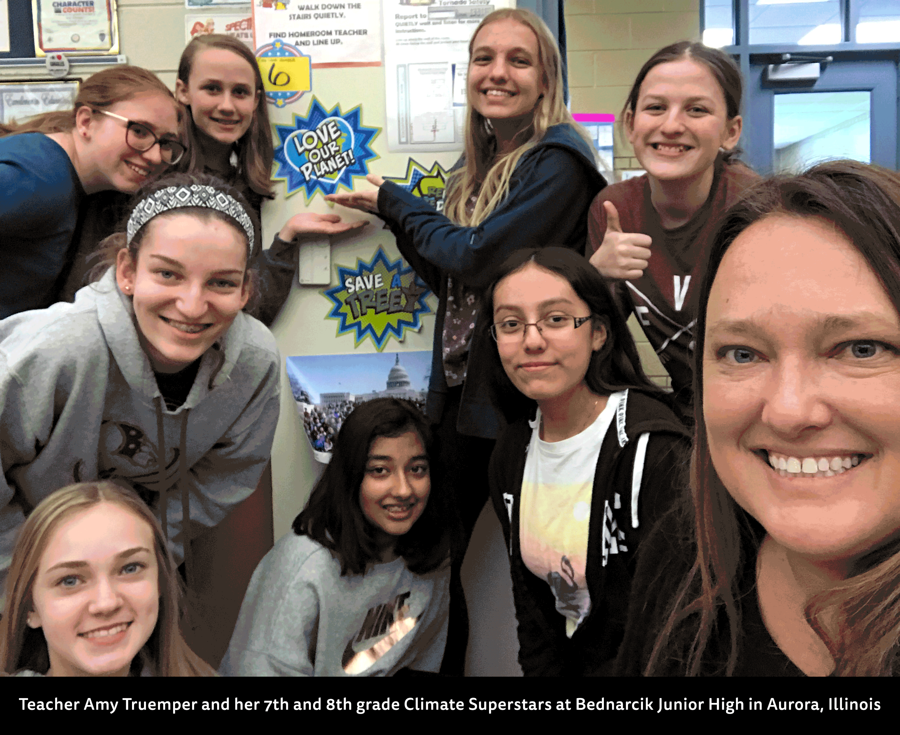 Teacher Amy Truemper and her 7th and 8th grade Climate Superstars at Bednarcik Junior High in Aurora, Illinois