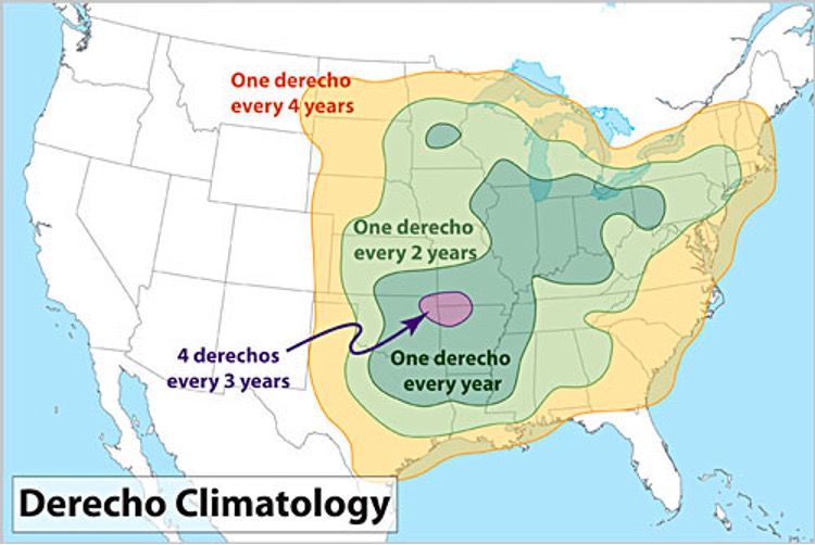 graphic map of US with frequency of derecho