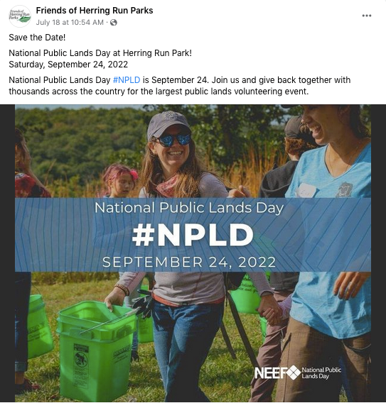 Social Media post from Friends of Herring Run Parks announcing NPLD