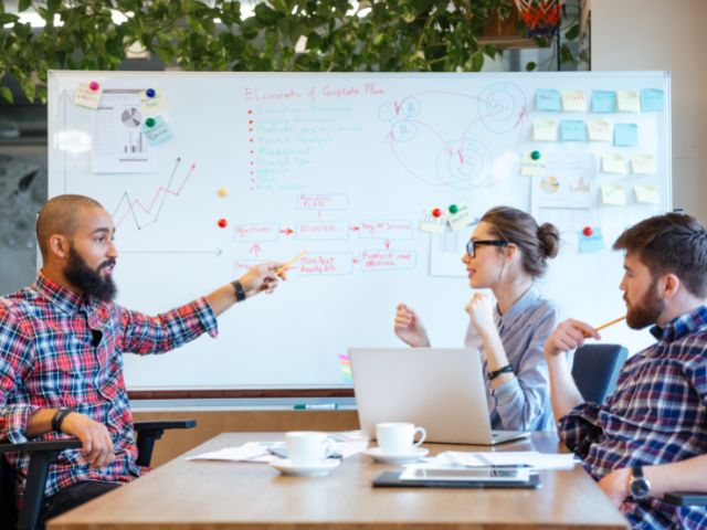 colleagues at white board writing a grant proposal