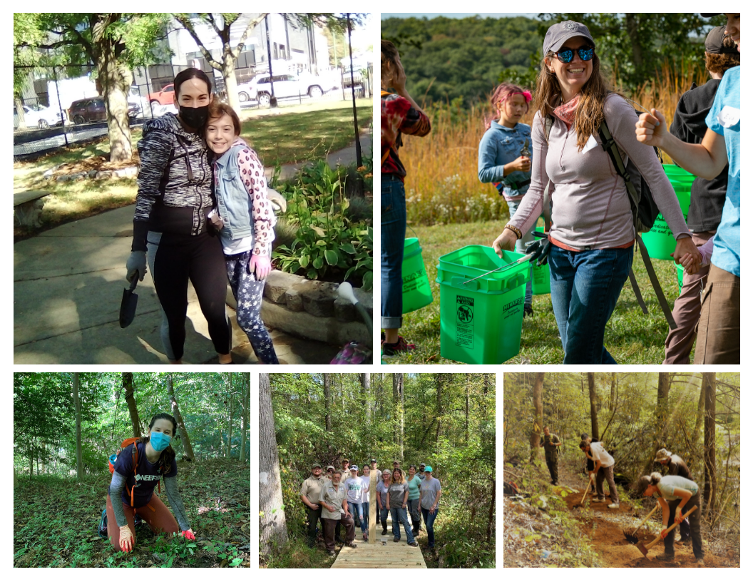 Photo collage of NPLD volunteers - mother and daughter smiling in city garden, woman smiling while walking with bucket, NEEF staff member removing invasive plants in forest, team of volunteers posing on finished boardwalk, volunteers raking along trail.