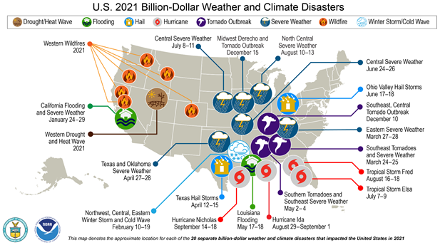 Map of United States depicting weather and climate disasters in 2021. https://www.noaa.gov/news/us-saw-its-4th-warmest-year-on-record-fueled-by-record-warm-december