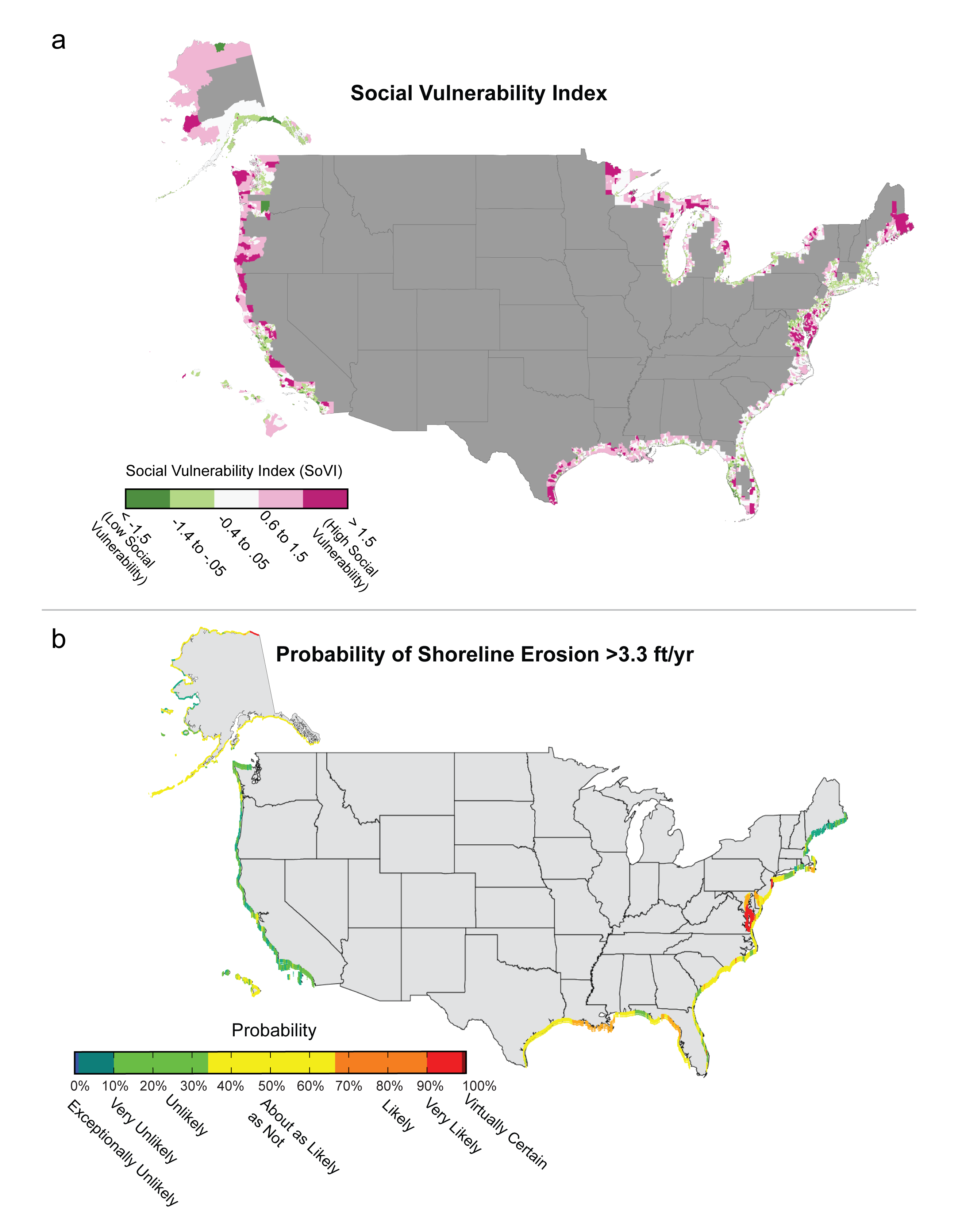 Social vulnerability and probability of shoreline erosion in the US