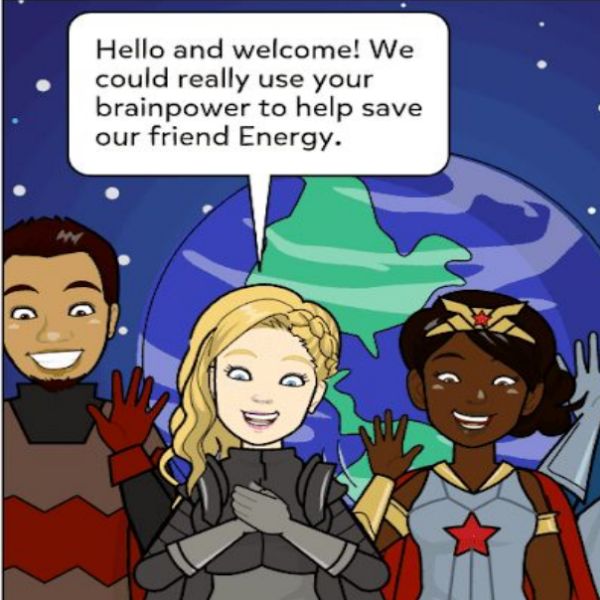 comic cartoon characters of young man and two young women with earth behind them saying hello help us save energy