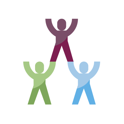Green and blue person with hands raised hold a maroon person up in a triangle formation