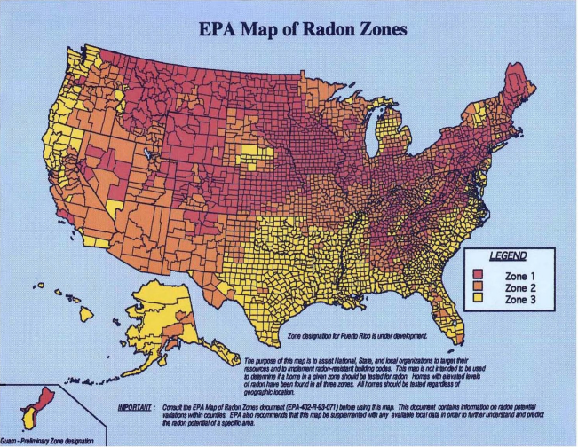 A color-coded map showing the concentration of radon throughout the United States. 