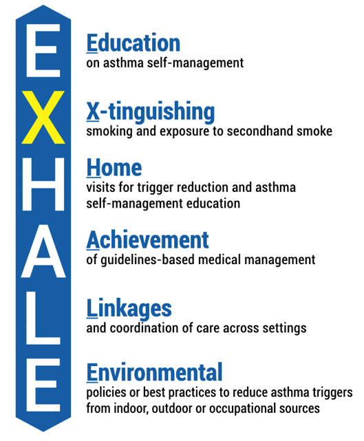 Infographic showing the six steps of the EXHALE strategy.