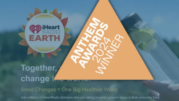 A triangle badge saying "Anthem Award 2024 Winner" and the NEEF and iHeartRadio Earth website in the background