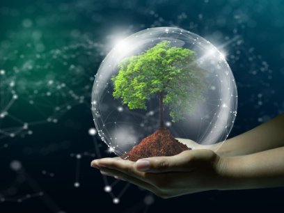 a pair of hands holds a glass ball with a tree in it with a futuristic corporate background