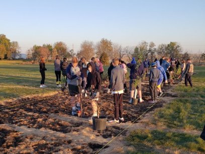 Students from Quad Cities Iowa plant native trees during a Greening STEM project in prairie 