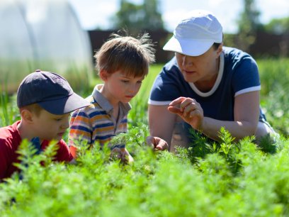 Mom and kids in the garden