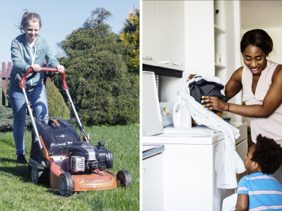 Resolve to save collage from left: woman putting dishes in dishwasher, woman cutting grass, mother and son doing laundry, man looking at a cup in a second hand shop surrounded by housewares and clothing