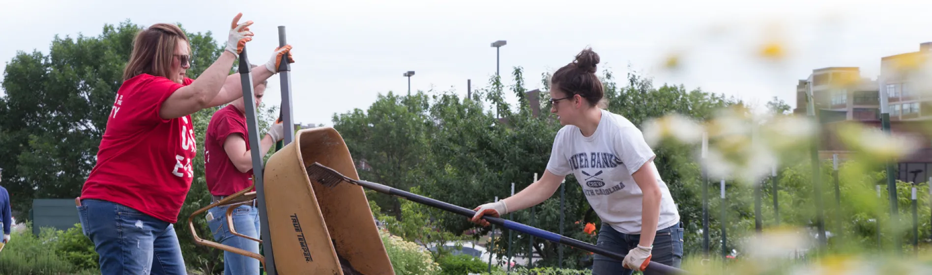 Group of people raking mulch from a wheel barrel