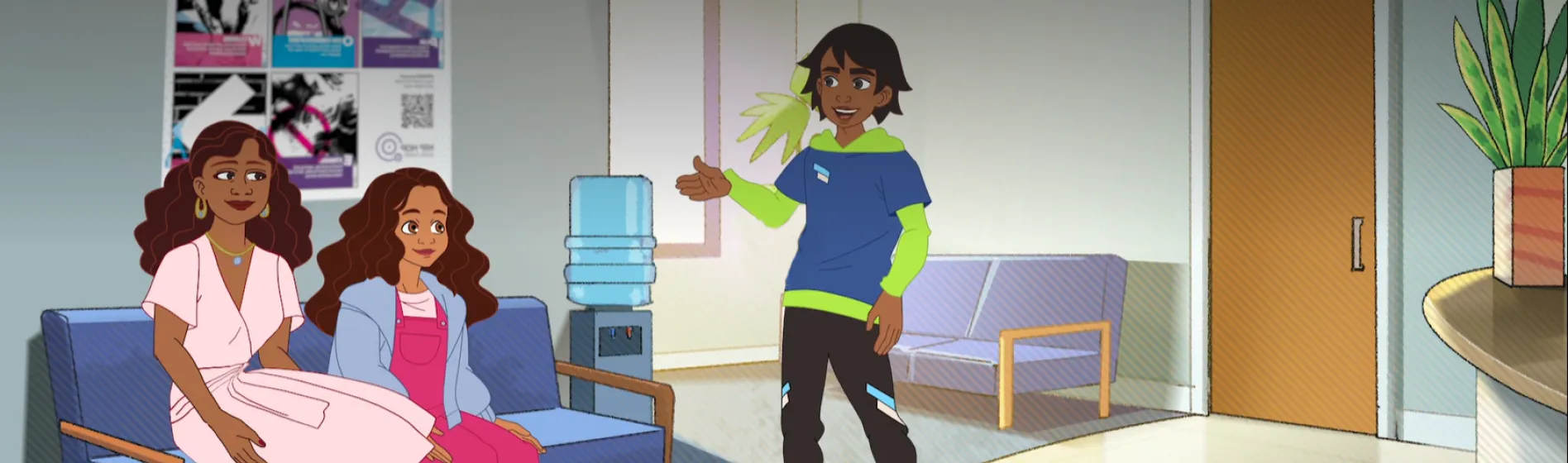 Animatin of young man talking to two women in a waiting room