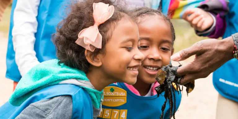 Girl scouts looking at aquatic animal during environmental education activity outdoors