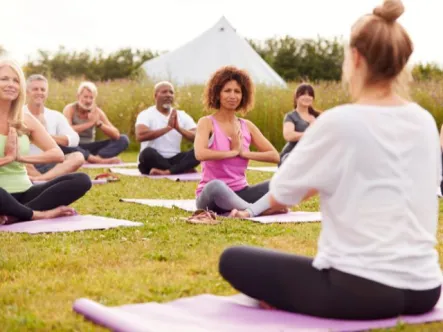 a group does yoga in the outdoors