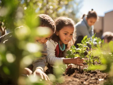 Young kids outdoors in a garden looking at plants