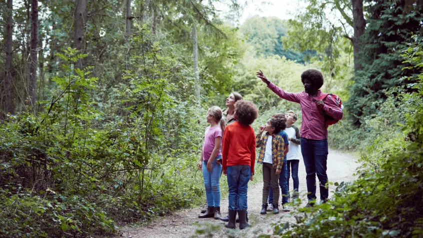 Photo of teacher pointing to something in forest talking to students