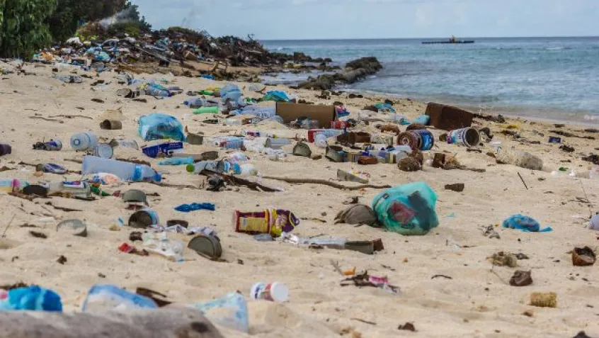 a beach with plastic trash covering the sand 