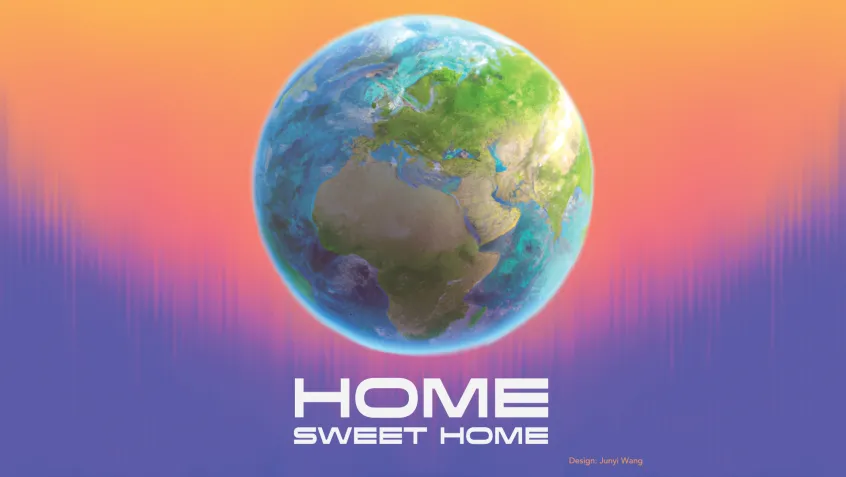 Earth in front of pink and purple background. Design: Junyi Yang