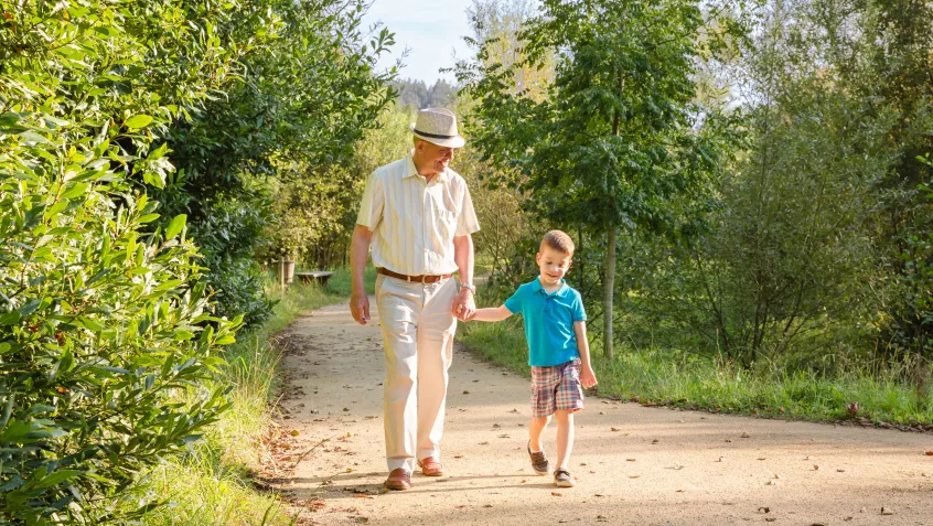 Grandfather and grandson walking in a park