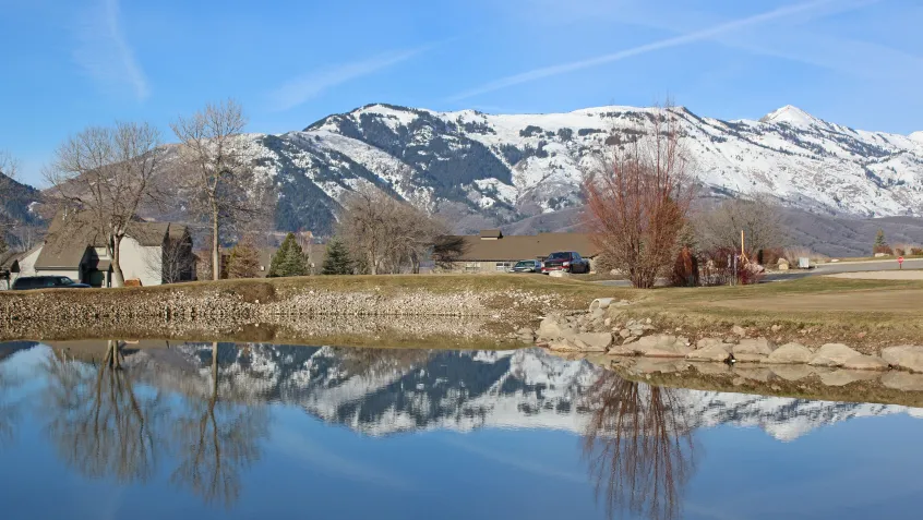 Mountains in distance with water in foreground