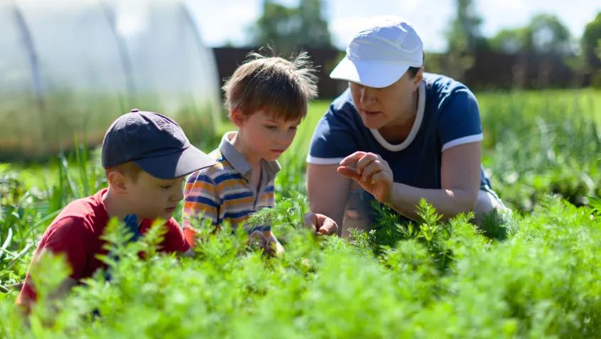 Mom and kids in the garden