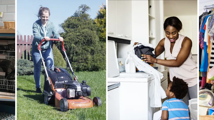 Resolve to save collage from left: woman putting dishes in dishwasher, woman cutting grass, mother and son doing laundry, man looking at a cup in a second hand shop surrounded by housewares and clothing