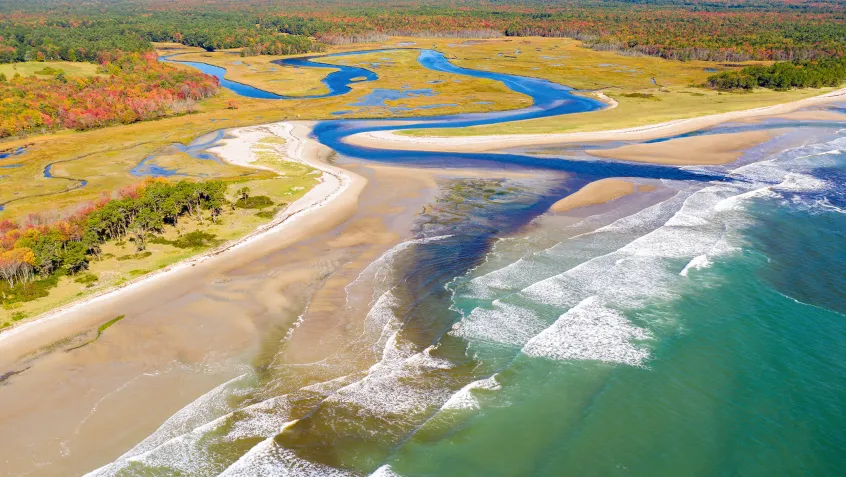 Aerial view of Little River estuary in Wells Estuarine Reserve, Maine