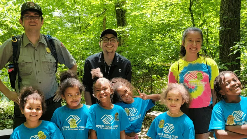 Americorps volunteer national park ranger and students from the boys and girls club in Great Smokie Mountain NP