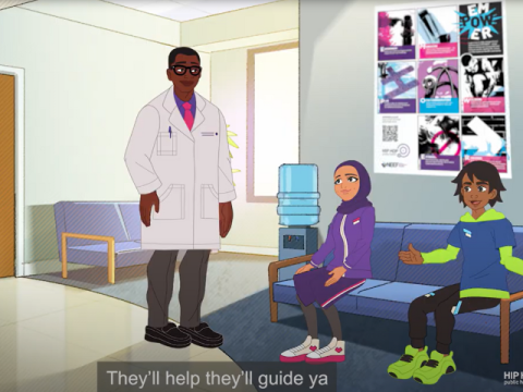 Animated image of doctor talking to two young adults