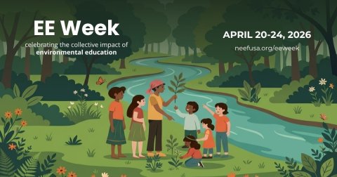 EE Week 2026 Graphic - celebrating the impact of environmental education  - an illustrated graphic of a teacher explaining a plant to a group of students in the outdoors