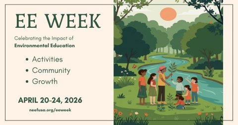 EE Week 2026 Graphic -celebrating the impact of environmental education - an illustrated graphic of a teacher explaining a plant to a group of students in the outdoors