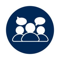 Focus group survey icon in white with navy blue circle background