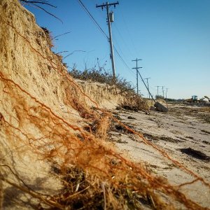 coastal erosion along a beach line with telephone lines on the edge