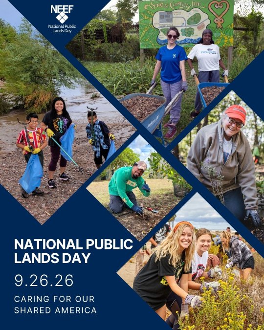 National Public Lands Day graphic 9.26.26 Caring for our shared America dark version
