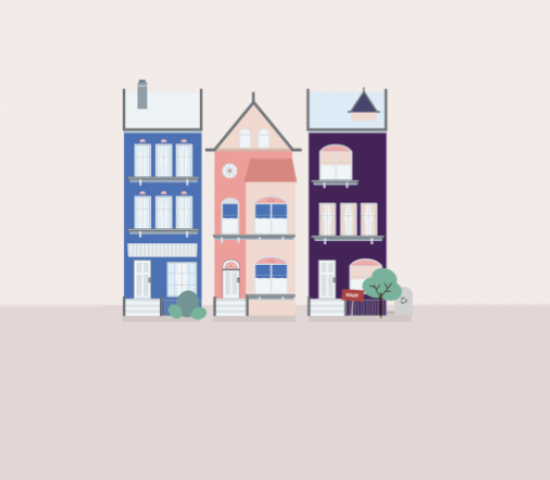 Computer illustration of three buildings next to each other