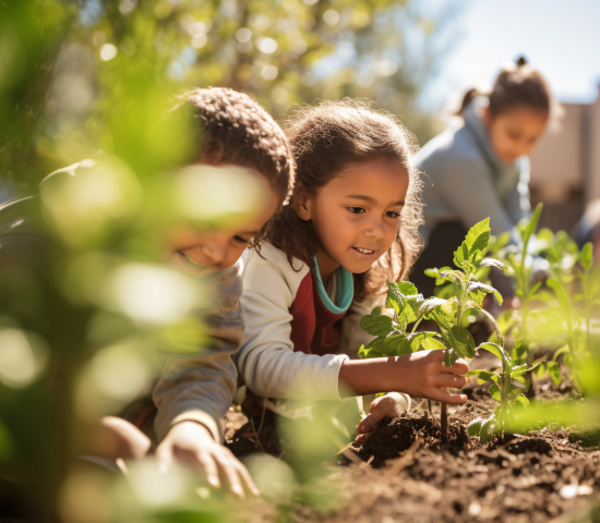 Young kids outdoors in a garden looking at plants